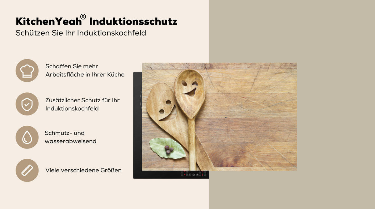 HERDABDECKPLATTE Holz - Löffel - Braun - Smiley 75x52 cm - Hellbraun, Kunststoff (75/0.2/52cm) - MuchoWow