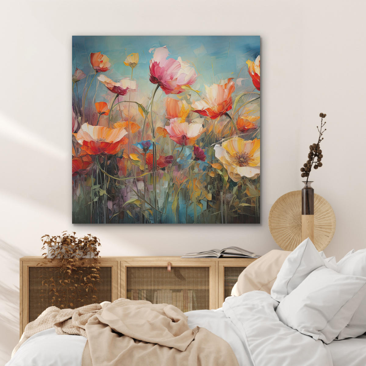 AKUSTIKPANEEL Blumen - Aquarell - Kunst - Botanisch - Natur 90x90 cm - Orange, Textil (90/0.9/90cm) - MuchoWow