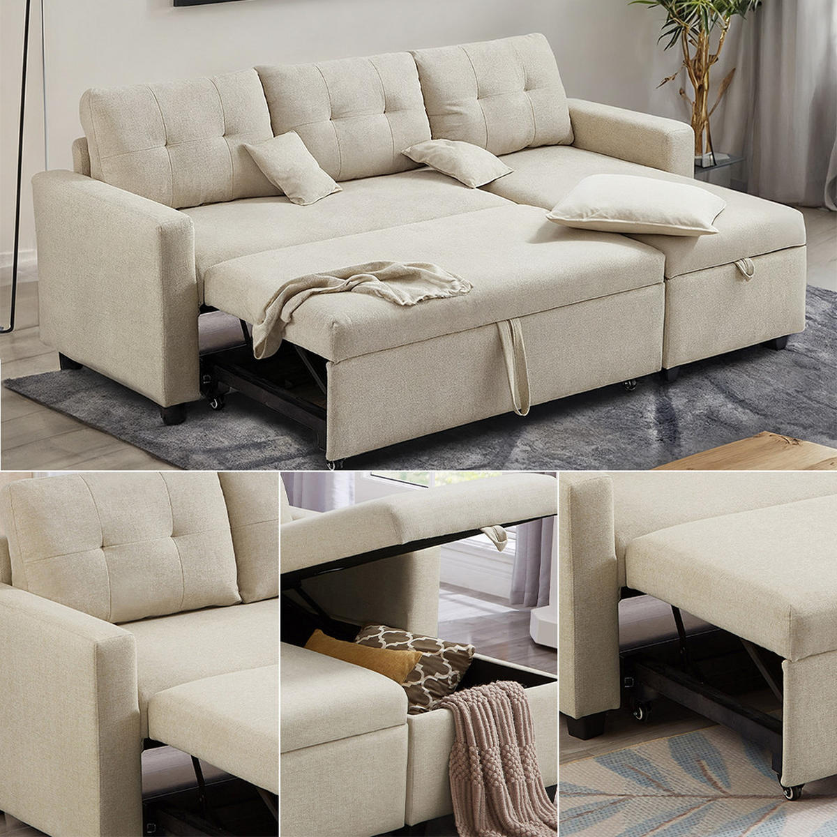 SOFA L-FORM Campina Beige 226 x 163 cm mit Schlaffunktion - Beige, Holz (226/163cm) - VitaliSpa