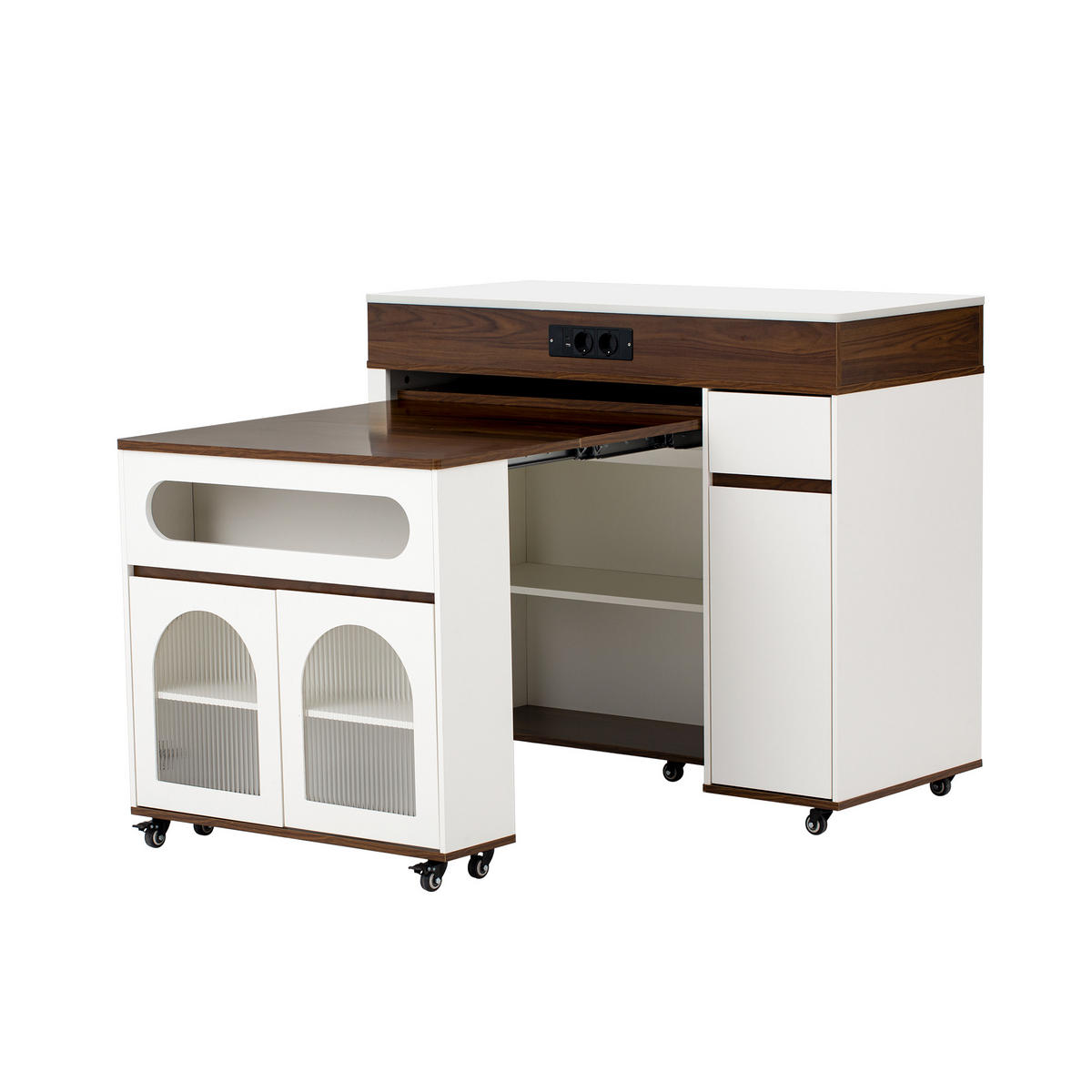 KÜCHENINSEL aus MDF 50.5-187.5x110.5x95.5 cm Weiß/Walnuss mit Ausziehtisch & Steckdosen - Weiß/Braun, Holzwerkstoff (187.5/95.5/110.5cm) - Modfu