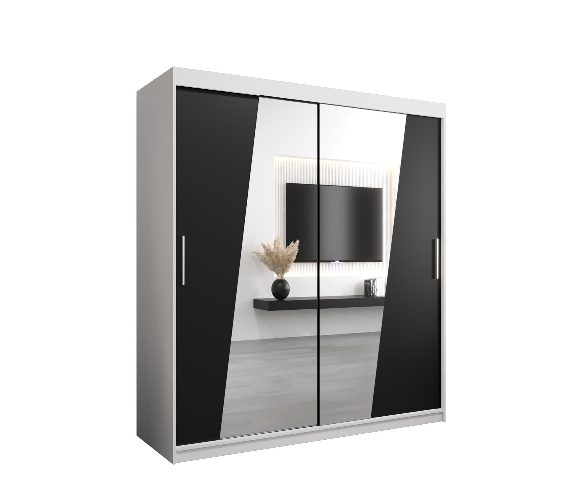 Abiks Möbel Schwebetürenschrank Weiß, Schwarz 180x200x62 cm