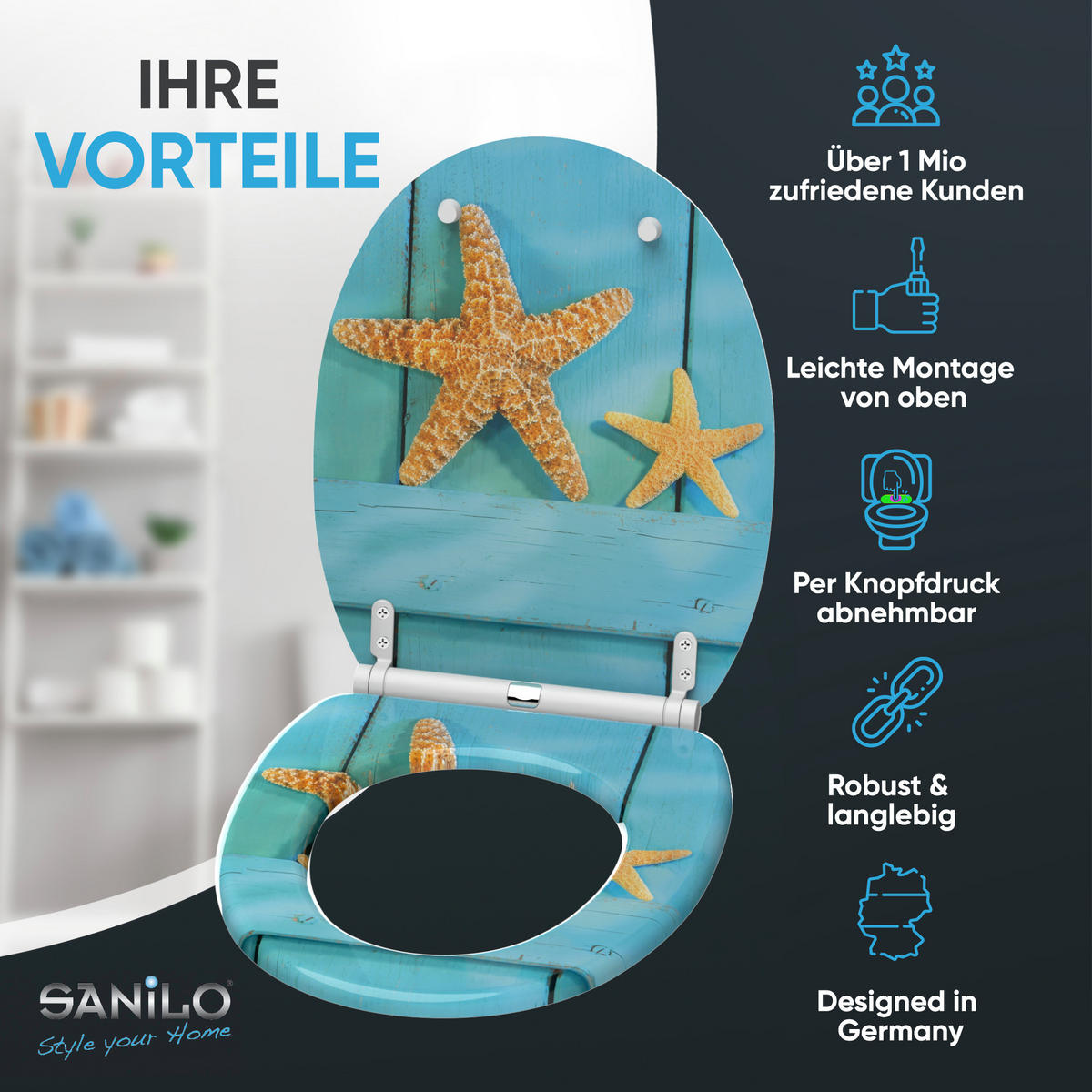 WC-SITZ mit Absenkautomatik & Top Fix Starfish - Türkis, Holzwerkstoff (37.7/5.5/48cm) - Sanilo