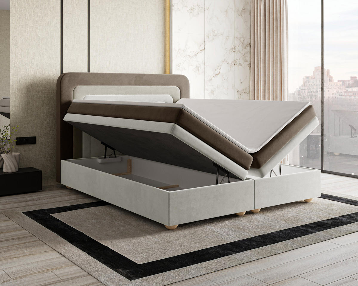 BOXBETT - Bett 10 NEST - Riviera - 140x200 cm - Modernes Polsterbett mit Bettkasten - Braun, Holz (140/200cm) - ROYAL24_MARKT