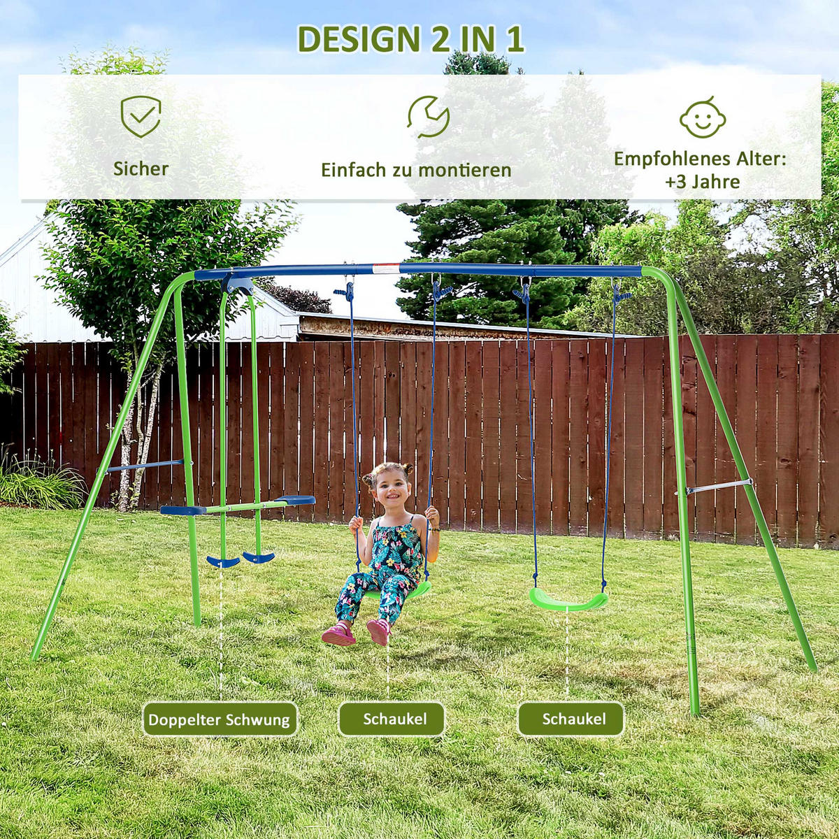 GARTENSCHAUKEL spielplatzschaukel schaukelwippe outdoor Schaukelgerüst mit 2 Schaukeln - Grün, Metall (140/280cm) - Outsunny