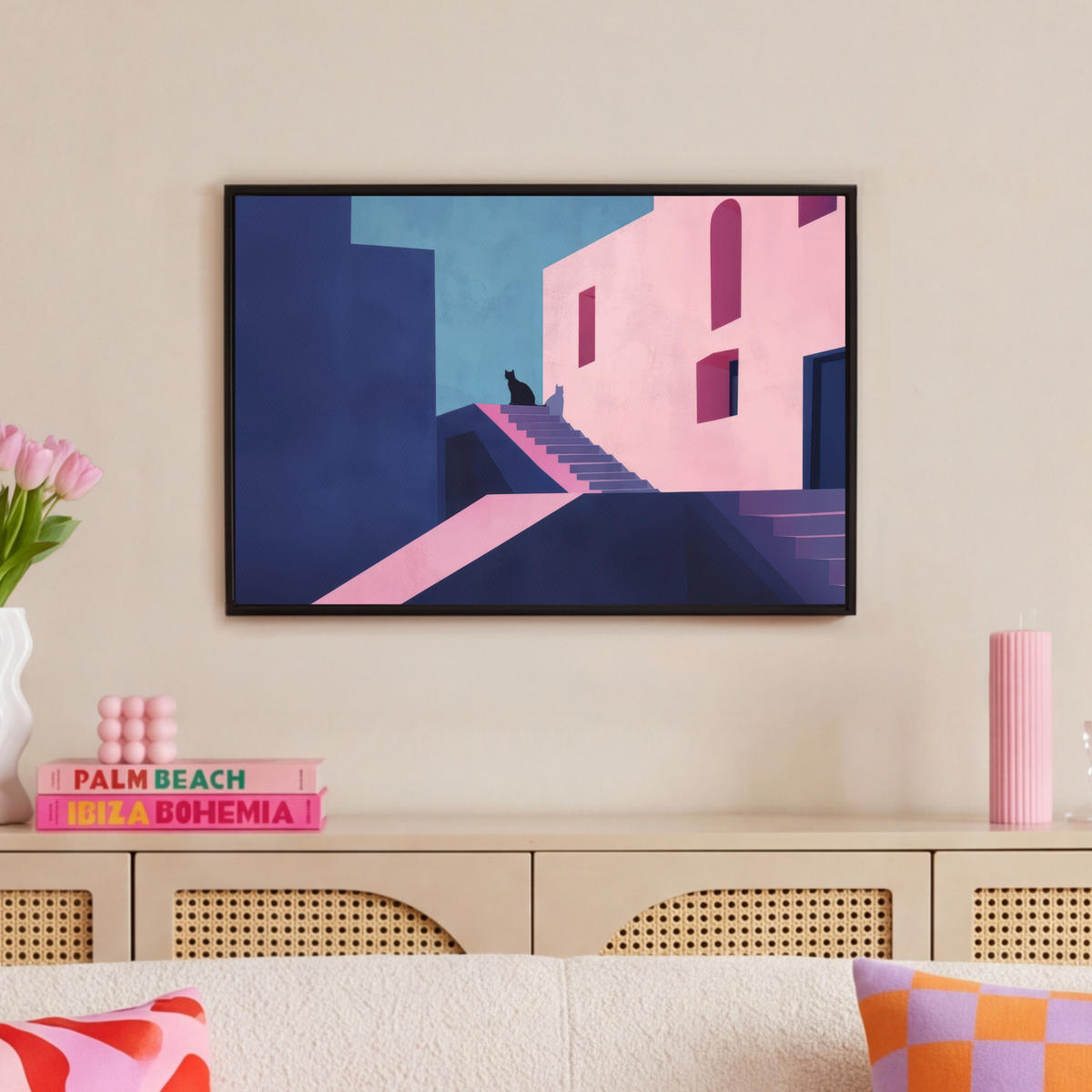 LEINWAND Bilder mit Rahmen - Katze - Treppe - Gebäude - Schattenkontraste - 60x40 - Dunkelblau, Textil (60/40cm) - MuchoWow
