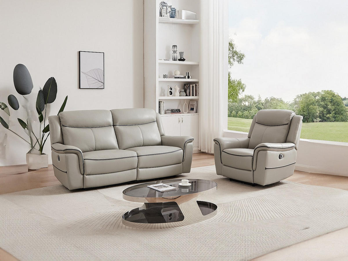 SOFAGARNITUR mit Relaxfunktion - 4 -Sitzer - Leder - hellgrau - ADELIO - Hellgrau, Leder (210/102/95cm) - Vente-Unique