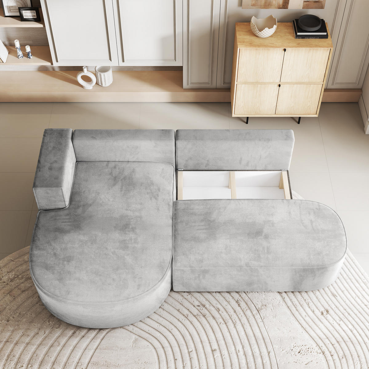 ECKSOFA CORTIO M L-S Braun Velours-Stoff mit Schlaffunktion - Braun, Holz (265/174cm) - MASSENO