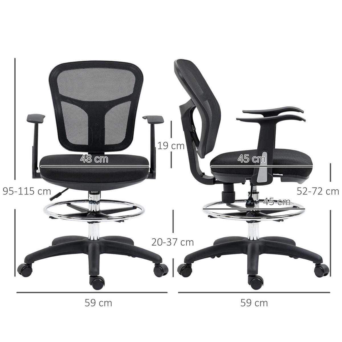 BÜROSTUHL, Drehstuhl, Mesh, Schwarz - Schwarz, Kunststoff (59/115/59cm) - Vinsetto