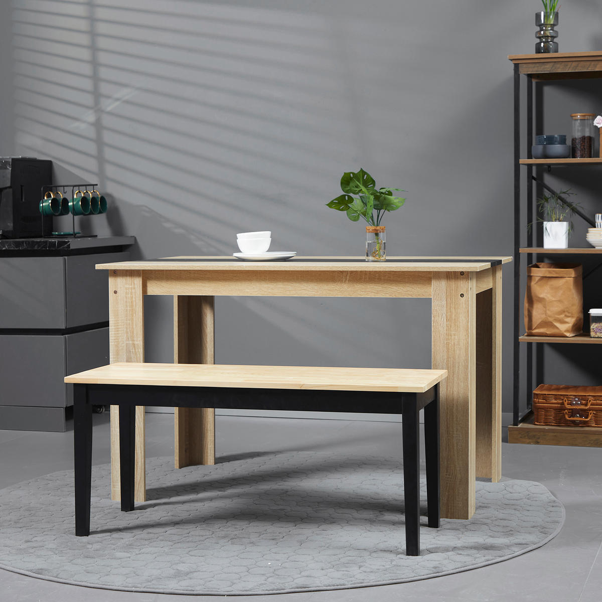SITZBANK 2-Sitzer Essbank Holzbank, Küchenbank für Eingang bis 220 kg belastbar - Schwarz/Naturfarben, Holz (36/45/102cm) - HOMCOM