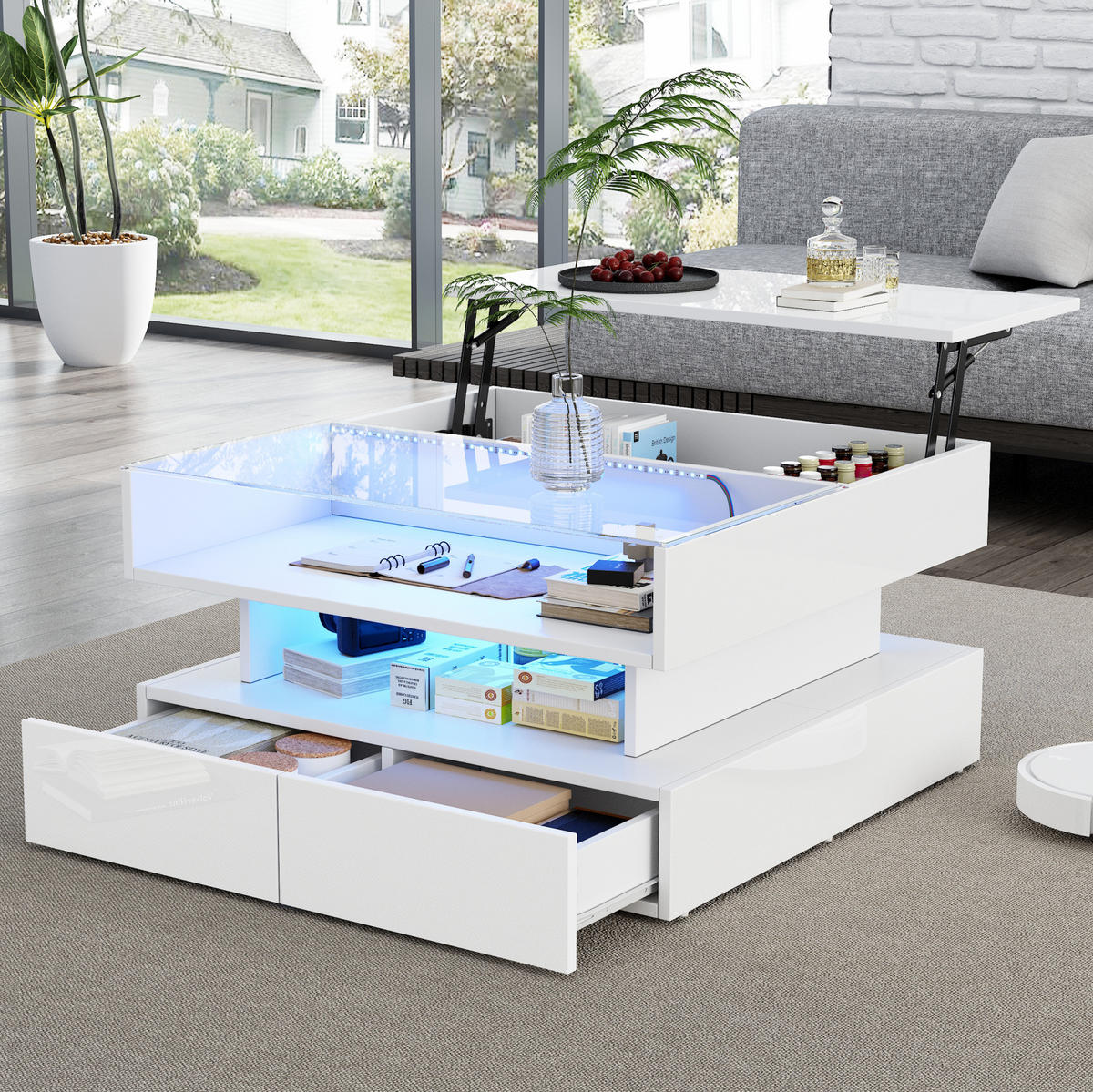 COUCHTISCH aus Spanplatte 80x80x45 cm Weiß mit LED & Hubfunktion - Weiß, Holzwerkstoff (80/80/45cm) - Modfu