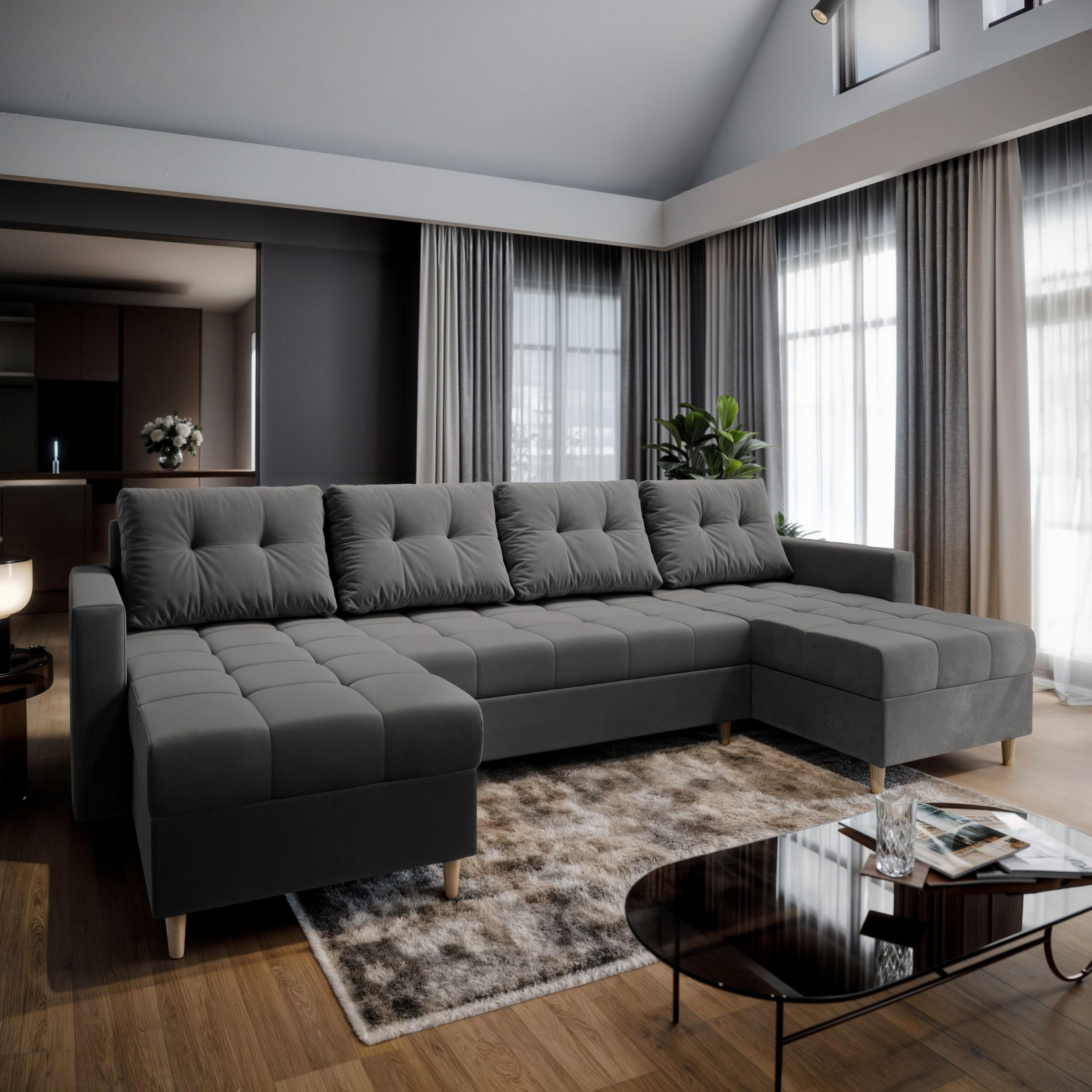WOHNLANDSCHAFT MILO U Grau Plüsch-Stoff mit Schlaffunktion - Grau, Holz (285/91/140cm) - MASSENO