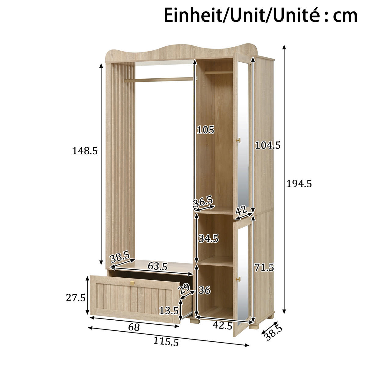 ŠATNÍ skříň 115,5/38,5/194,5 cm dubová z MDF s otevřeným věšákem a zrcadlem - barva dubu, kompozitní dřevo (115.5/194.5/38.5cm) - OKWISH