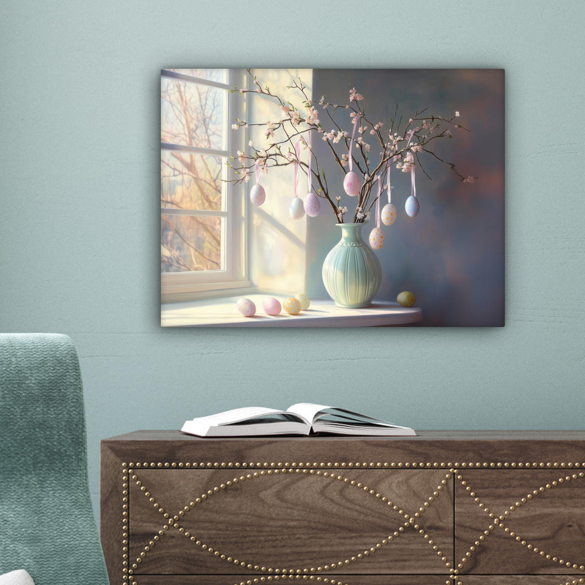 LEINWANDBILD Stillleben - Vase - Osterzweig Wandbild 40x30 cm - Hellblau, Textil (40/30cm) - MuchoWow
