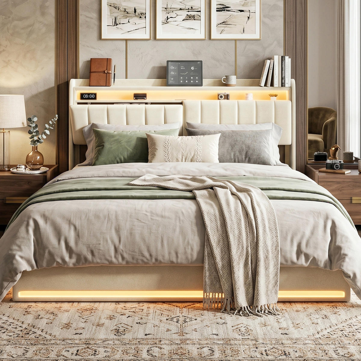POLSTERBETT Längssteppung 160/200 cm mit Bettkasten & App-LED Samtoptik Beige - Beige, Textil (160/200cm) - Creahappy