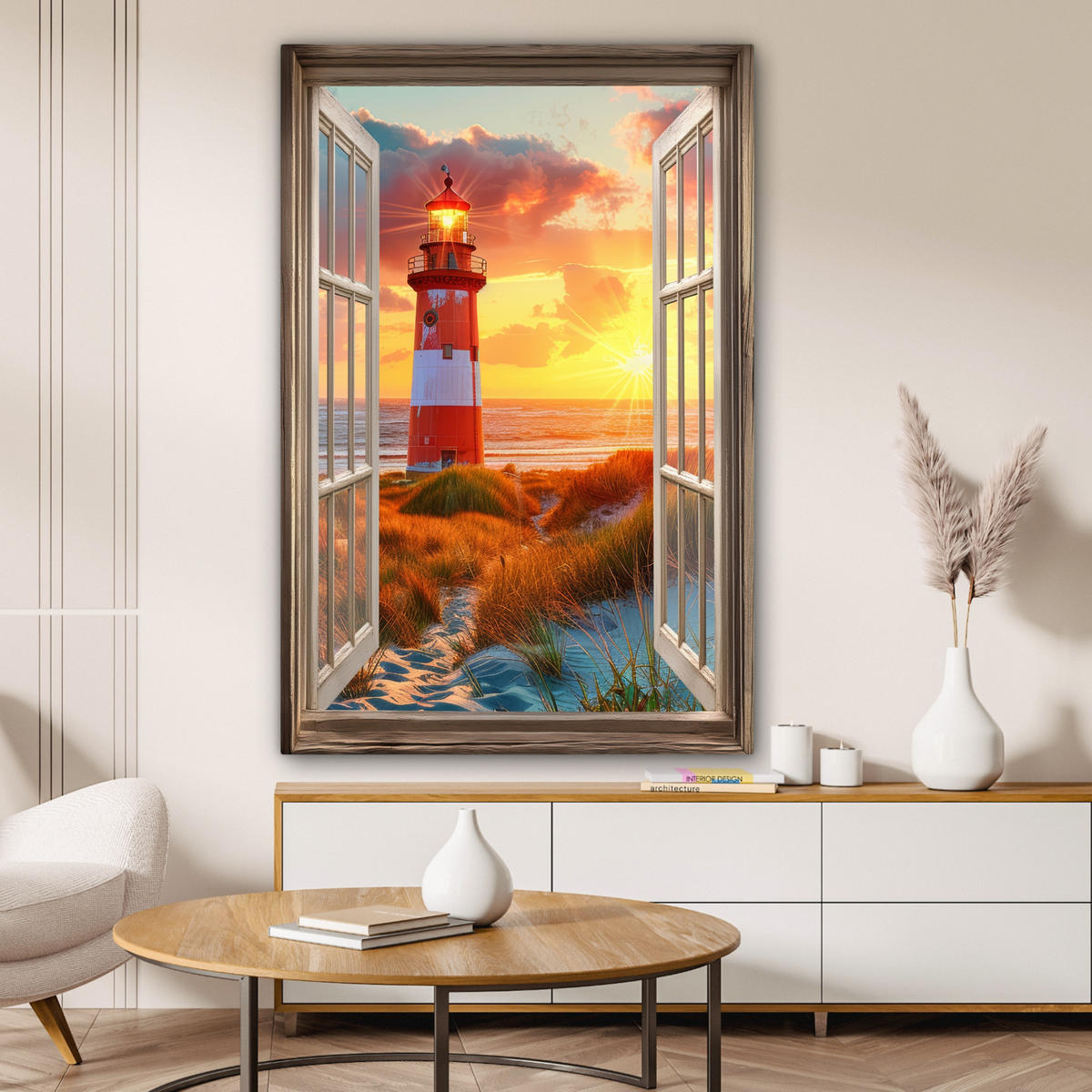 LEINWANDBILD Aussicht - Fenster - Leuchtturm - Sonnenuntergang - Strand 80x120 cm - Dunkelorange, Textil (80/120cm) - MuchoWow
