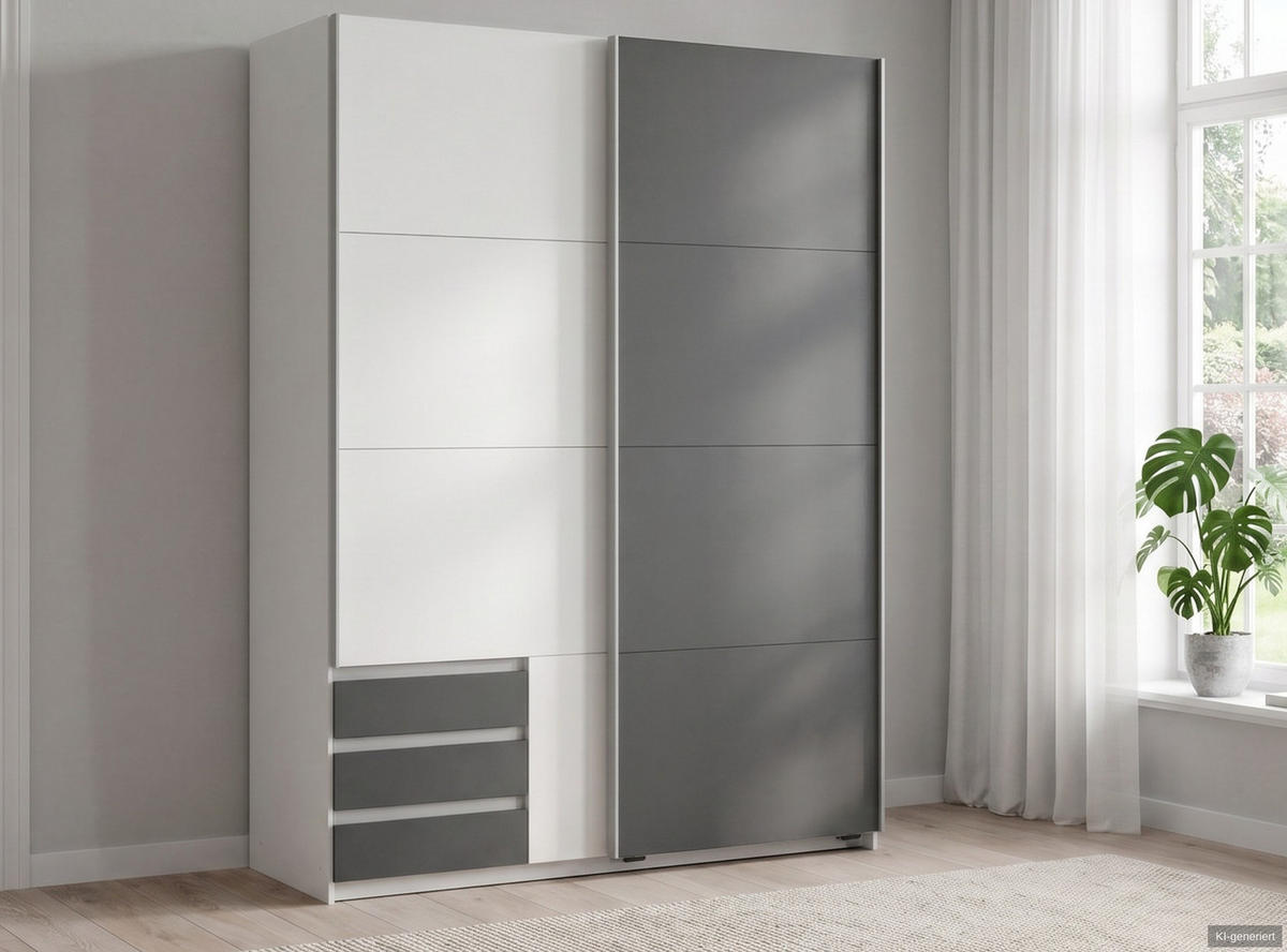 SCHWEBETÜRENSCHRANK 2-türig B135/H198/T65 cm, Kleiderschrank in Weiß, 1x Tür & sichtbare Schubkästen in Grafit / 22661 - Alufarben/Graphitfarben, Holz/Holzwerkstoff (135/198/65cm) - luma-home