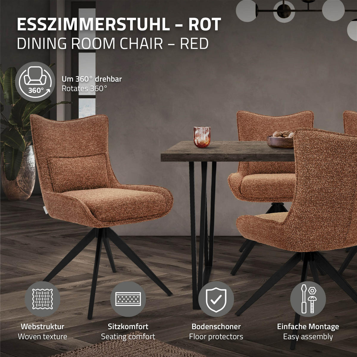 ESSZIMMERSTUHL drehbar Küchenstuhl gepolstert mit Webstoff-Bezug Rot - Rot/Schwarz, Textil/Metall (54/90/64cm) - ML-DESIGN