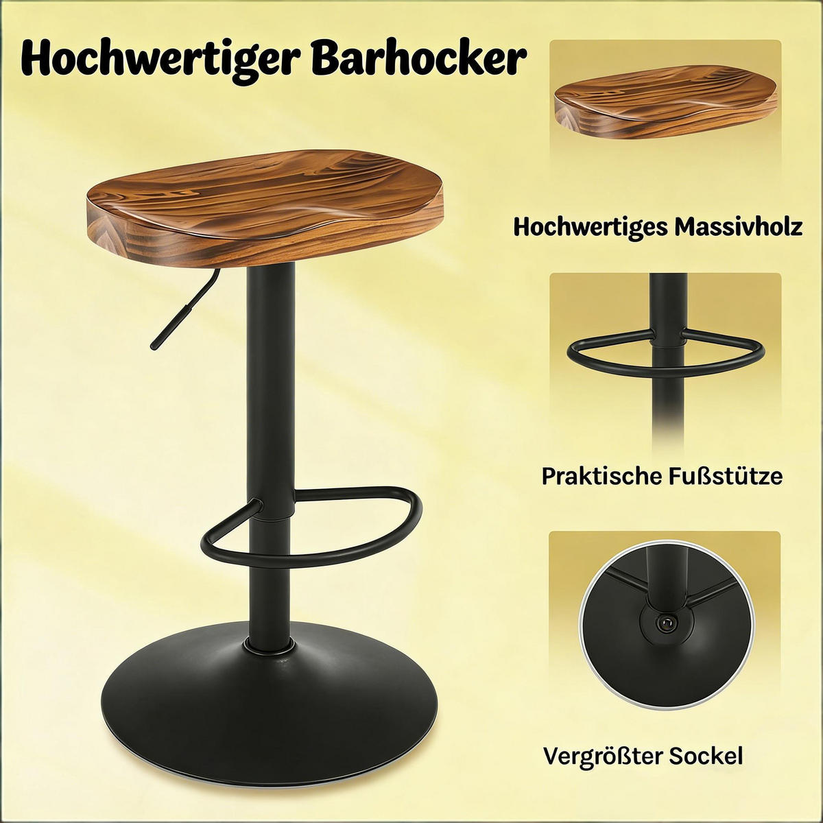 BARHOCKER Rustik Braun 1er-Set Drehbar Höhenverstellbar aus Massivholz - Wildeiche, Holz (41.5/81/31.5cm) - PANGIVO
