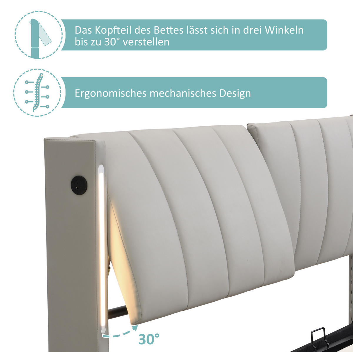 POLSTERBETT 140/200 cm Grau aus PU mit LED und Stauraum - Grau, Kunststoff (140/200cm) - OKMYHOME