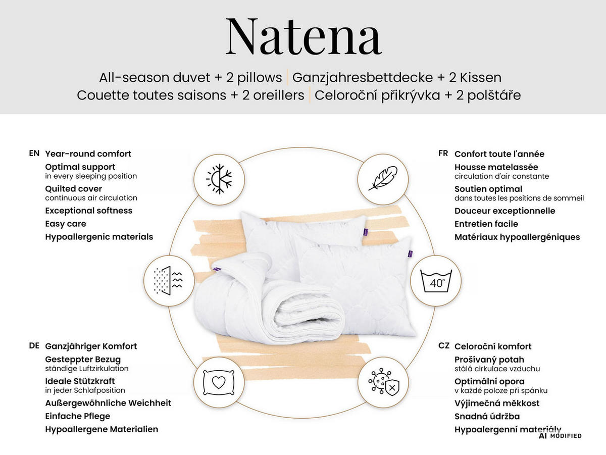 GANZJAHRESBETTDECKE hypoallergene NATENA 160/200 mit Kopfkissen 40/80 - Weiß, Textil (160/200cm) - MKS