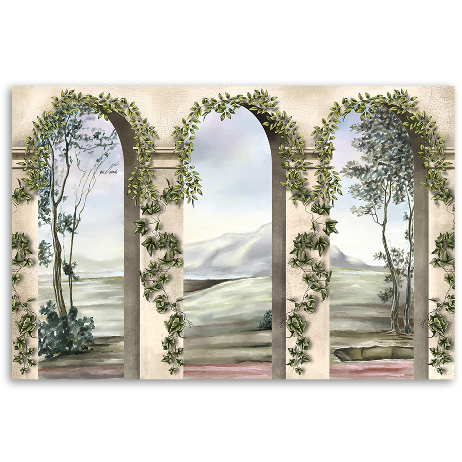 WANDBILD säulen und bögen mit efeu - Beige, Textil (60/40cm) - Feeby