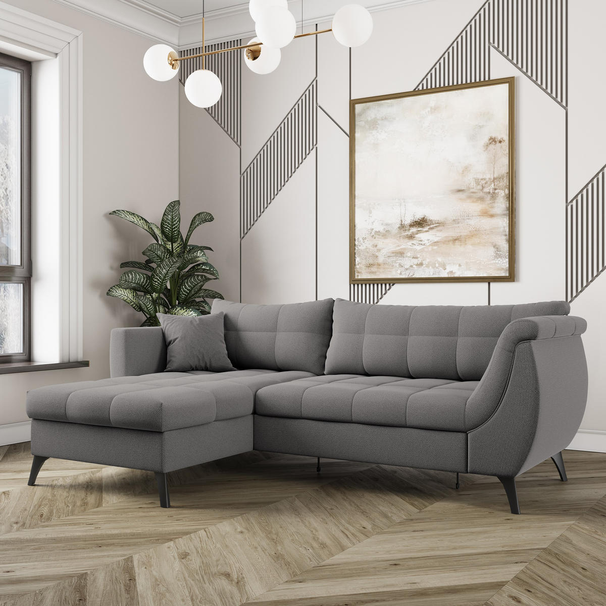 ECKSOFA MOLLIS Grau Geflochtener-Stoff mit Schlaffunktion - Grau, Holz (241/154cm) - MASSENO