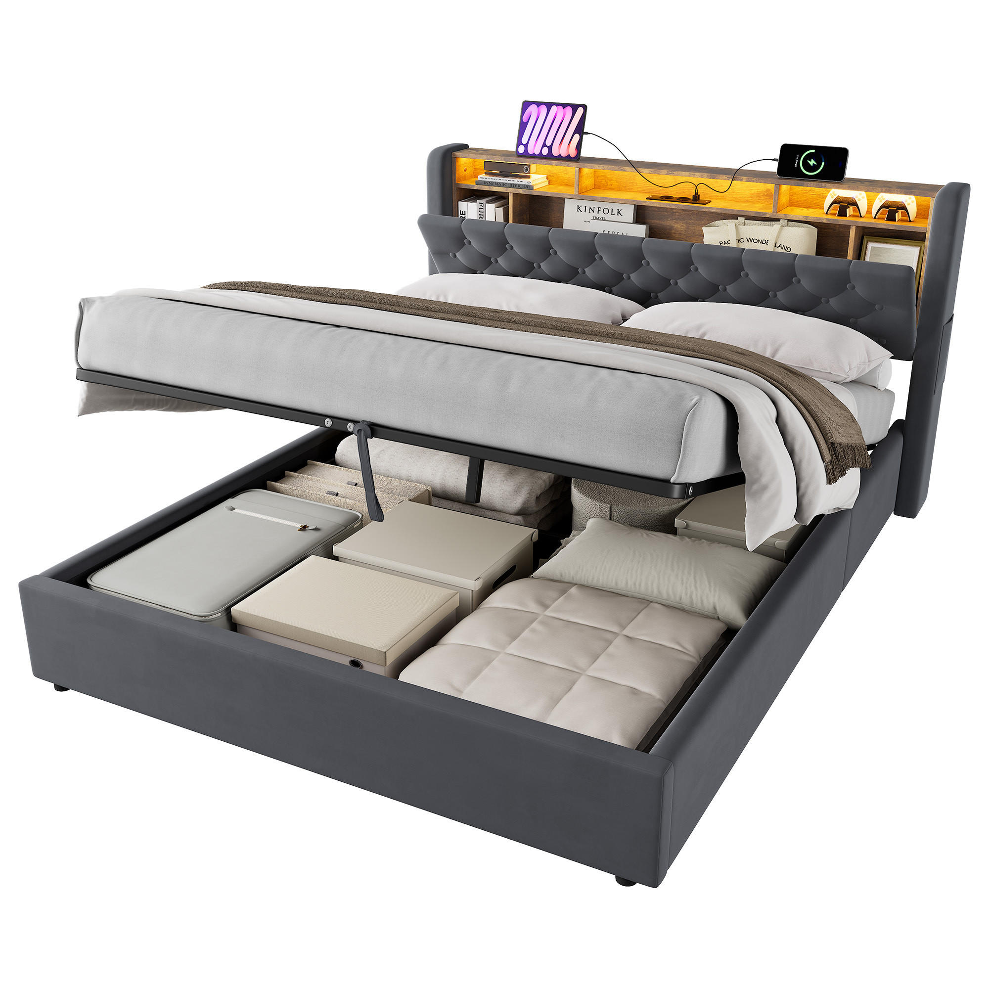 POLSTERBETT 160/200 cm in Dunkelgrau Samt mit Bettkasten, LED-Beleuchtung und USB-Anschluss - Dunkelgrau, Holzwerkstoff/Textil (160/200cm) - CHICFURN