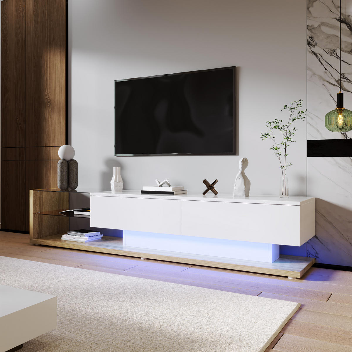 TV-ELEMENT 170 cm Hochglanz Weiß Holzoptik mit LED-Beleuchtung und Glasregalen - Weiß, Holzwerkstoff (36/38/170cm) - Korfee