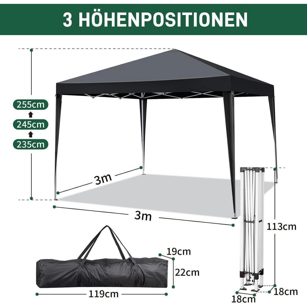 FALTPAVILLON 3 x 3 m mit 4 Seitenteilen Schwarz - Schwarz, Textil (300/255/300cm)