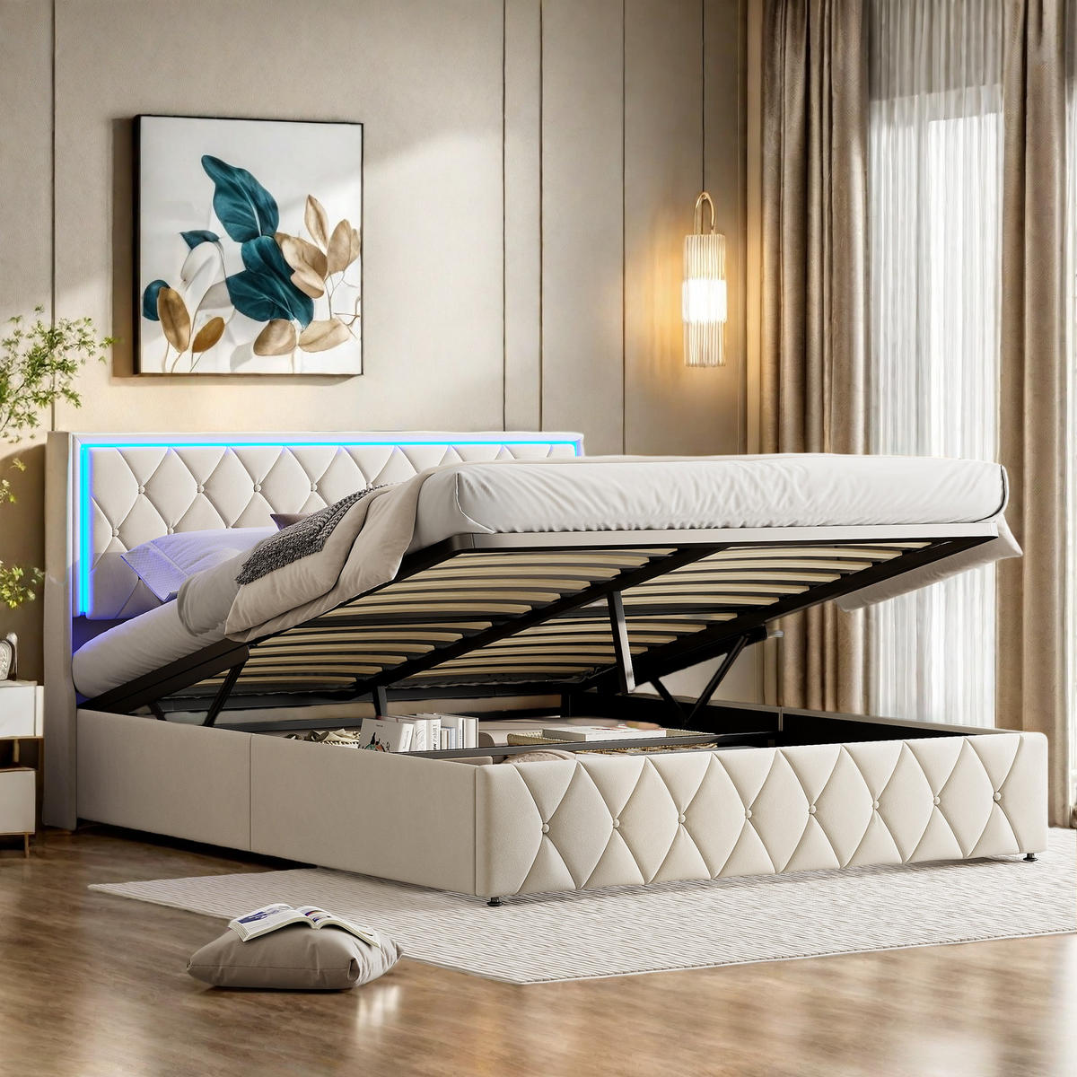 ČALÚNENÁ posteľ 140x200 cm béžová LED USB Type-C hydraulická - béžová, kov (140/200cm) - SHOPENTRA