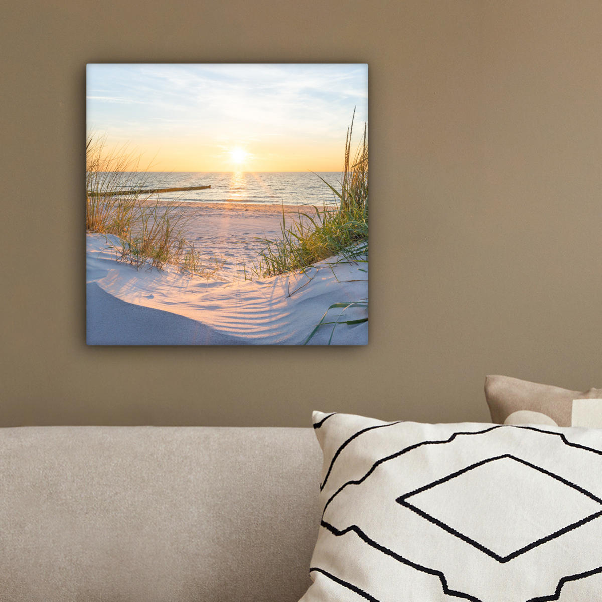 LEINWANDBILD Strand - Sonne - Düne - Gras - Sand - Horizont 20x20 cm - Hellblau, Textil (20/20cm) - MuchoWow