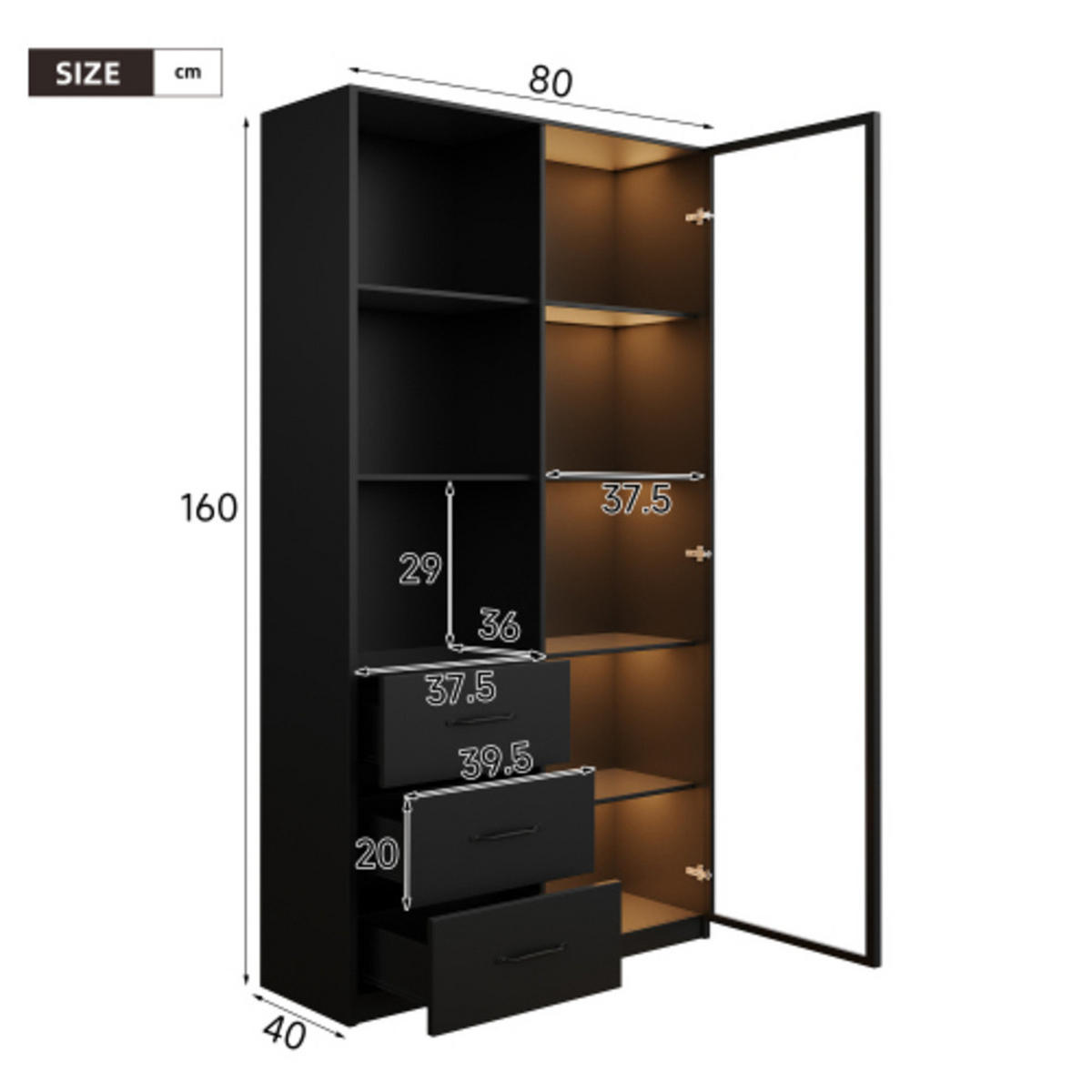 VITRINE Schwarz mit Glastür, drei Fächern und drei Schubladen 80×40×160 cm aus Spanplatte - Schwarz, Holzwerkstoff (80/160/40cm) - Luhomfu