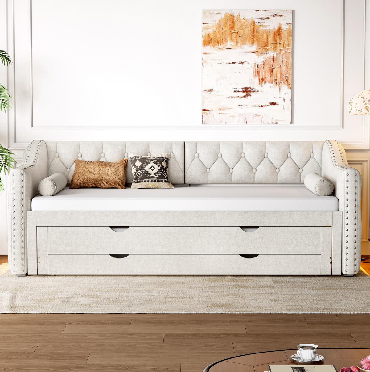 DENNÍ postel 90/200 cm béžová z MDF a lnu s LED osvětlením, výsuvným lůžkem a 3 zásuvkami - béžová, textil (90/200cm) - OKWISH