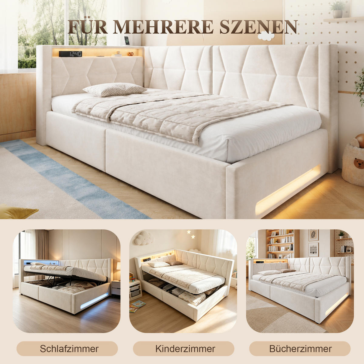 POLSTERBETT 90/200 cm in Beige mit Stauraum, LED-Beleuchtung und USB-Anschlüssen - Beige, Metall (90/200cm) - Flora Grace