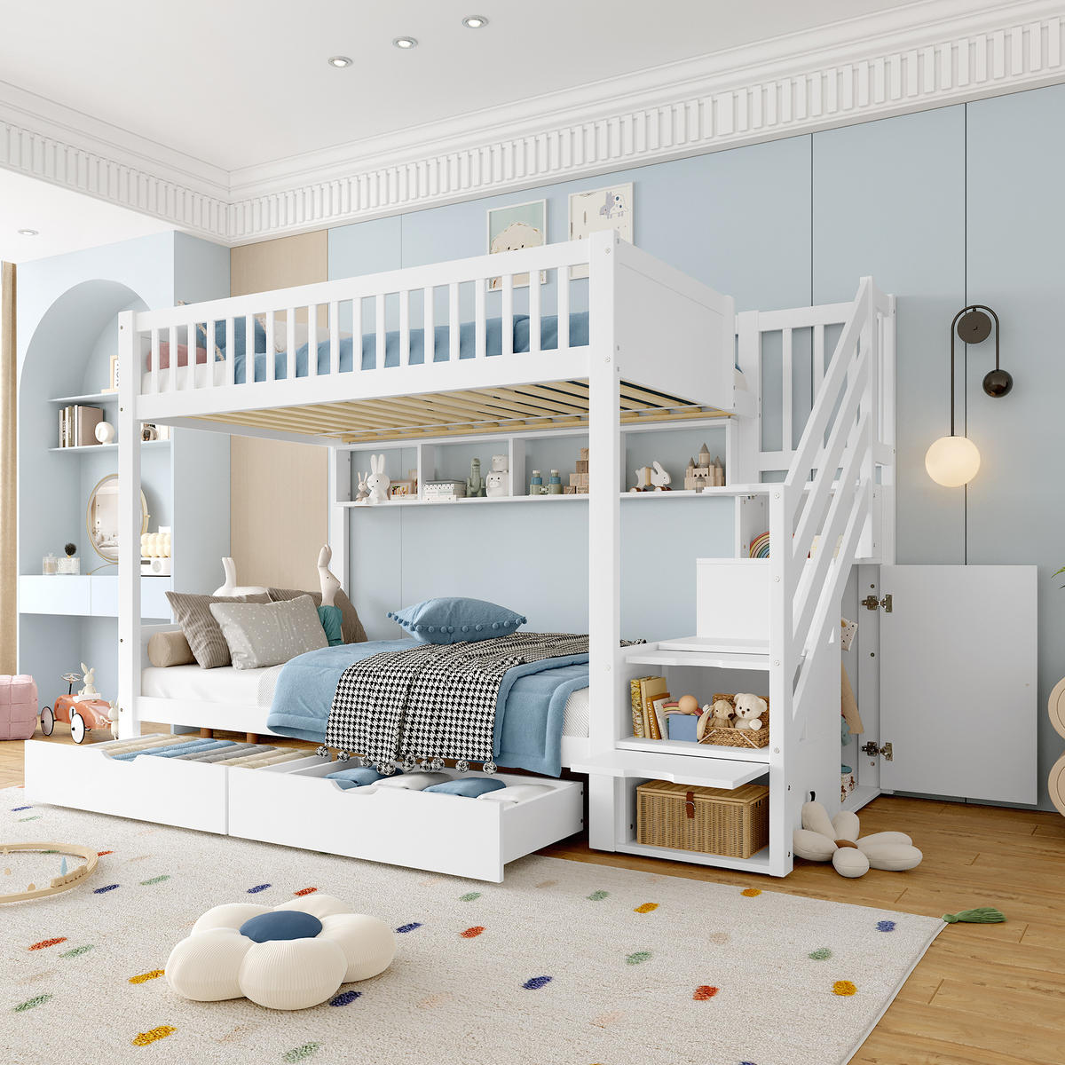 ETAGENBETT 90x200cm Weiß mit Schublade Regal Kleiderschrank - Weiß, Holz (90/200cm) - FLIEKS