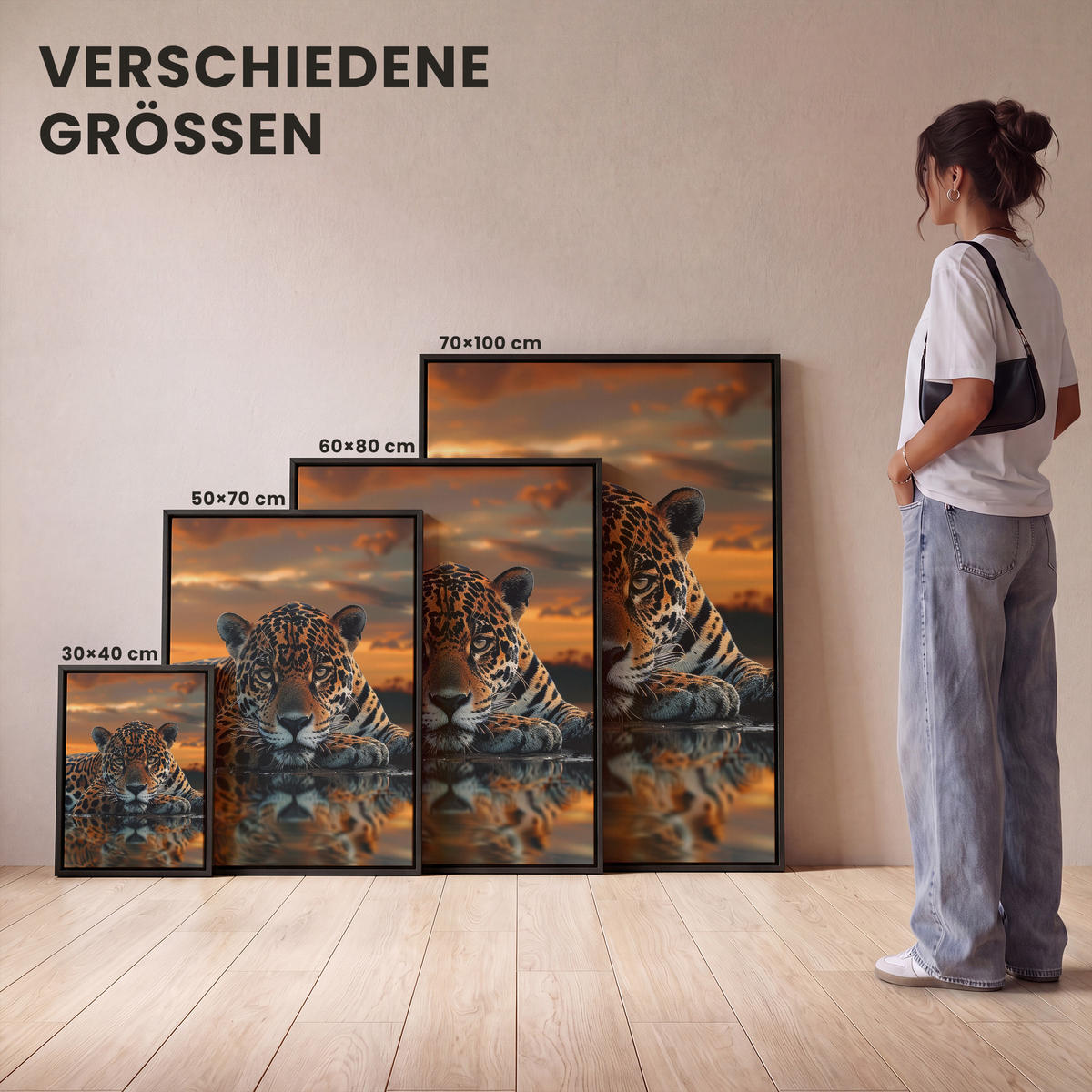 LEINWAND Bilder mit Rahmen - Natur - Leopard - Tier - Sonnenuntergang - Modern - 50x70 - Orange, Textil (50/70cm) - MuchoWow