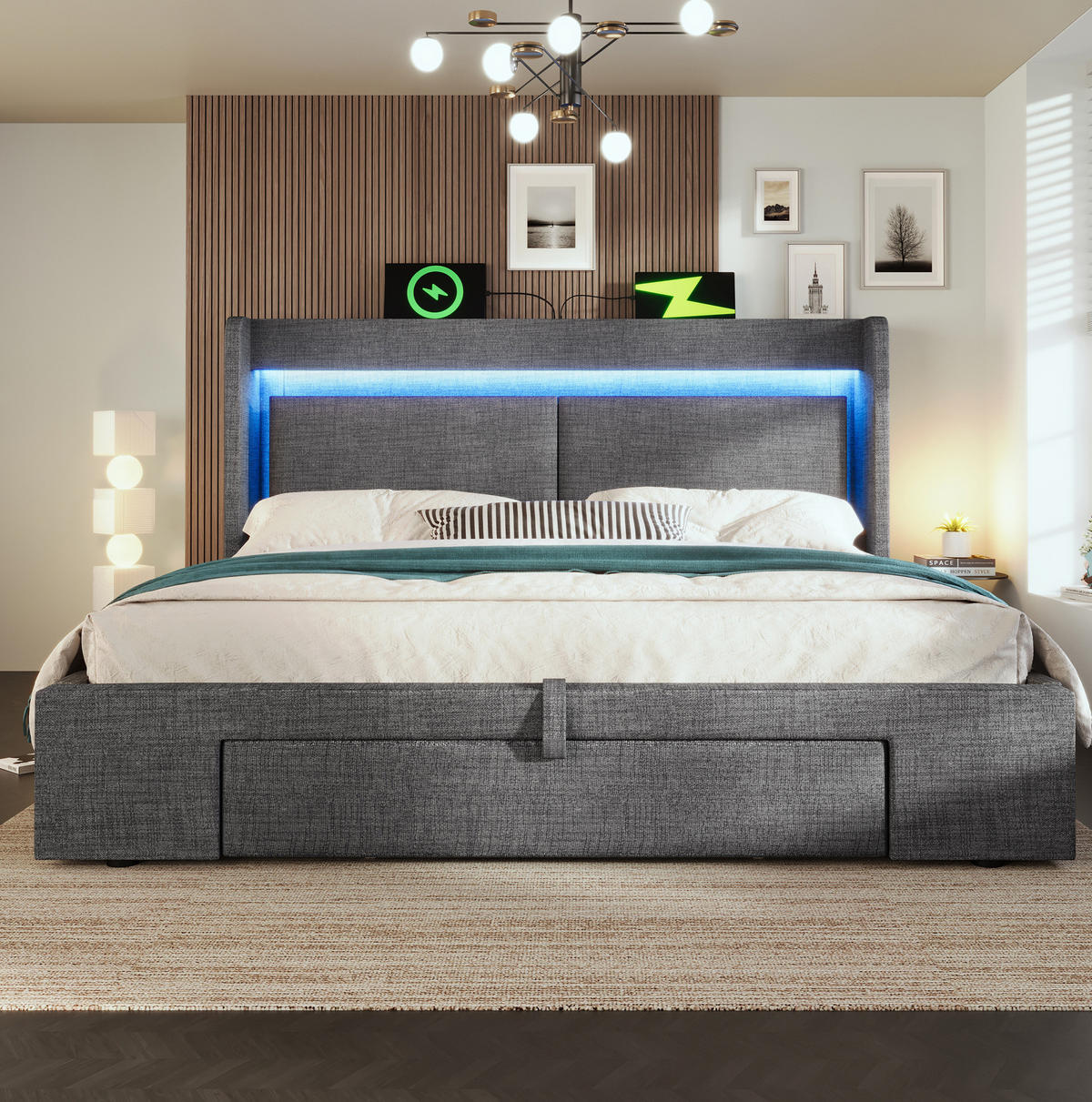 ČALÚNENÁ posteľ 180/200 cm s hydraulickým úložným priestorom, LED osvetlením a USB/USB-C, Sivá - sivá, textil (180/200cm) - Redom