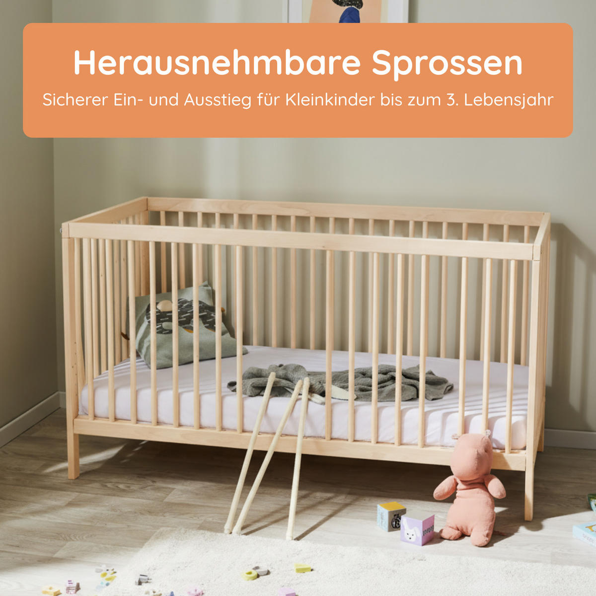 BABYBETT mit Matratze 60x120 cm in Weiß - Naturfarben, Holz (60/120cm) - Kids Collective
