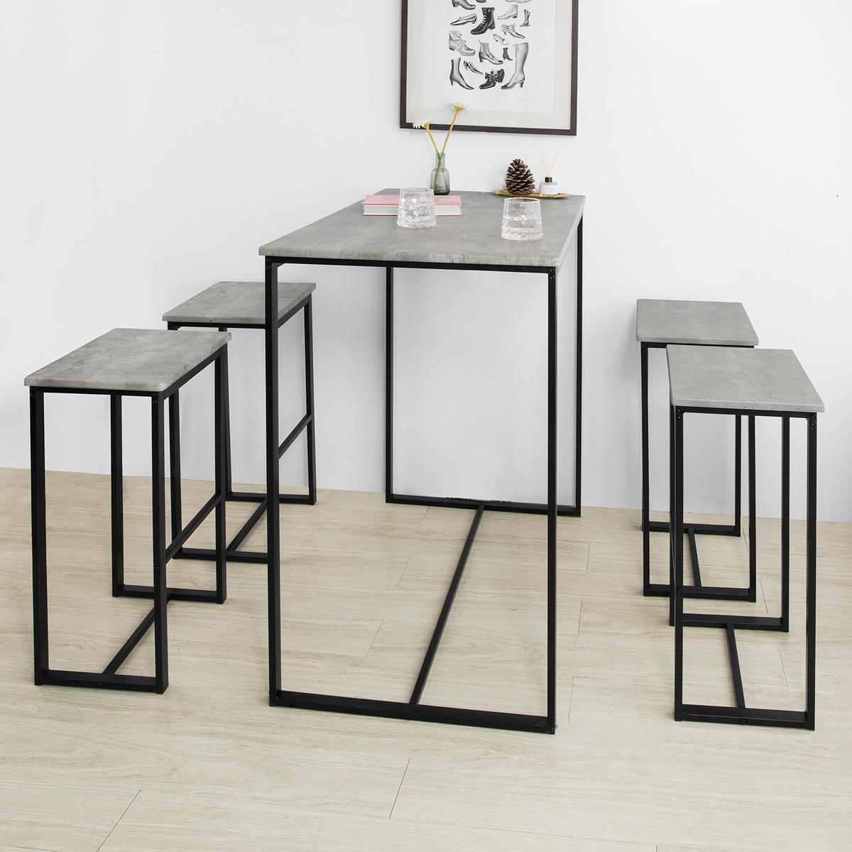 BARTISCH + 4 x BARHOCKER - Grau, Holzwerkstoff (100/96/60cm) - SoBuy