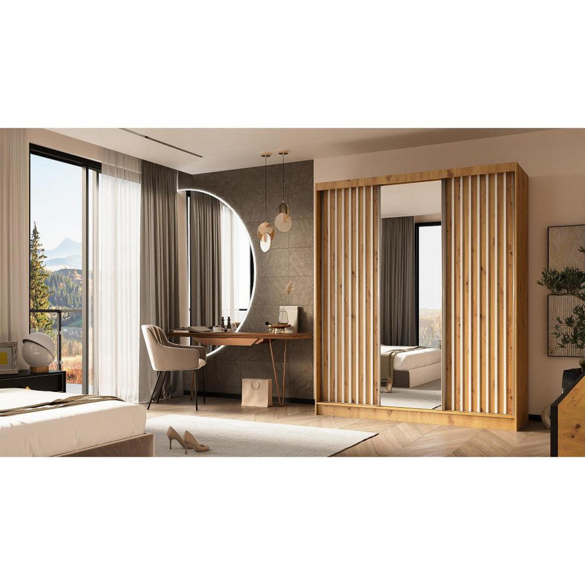 SCHWEBETÜRENSCHRANK Helix 180/216/61 eiche artisan+weiß mit Schubladeneinsatz - Eiche Artisan/Weiß, Holzwerkstoff (180/216/61cm) - Beautysofa