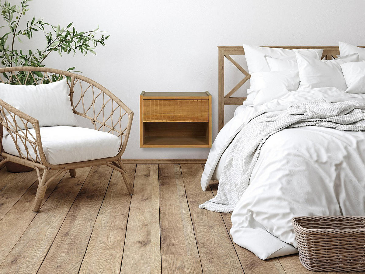 2ER-SET hängender Nachttische – 1 Schublade & 1 Fach – Teakholz – Naturfarben – REVUKA - Naturfarben, Holz (47/35/30cm) - Vente-Unique