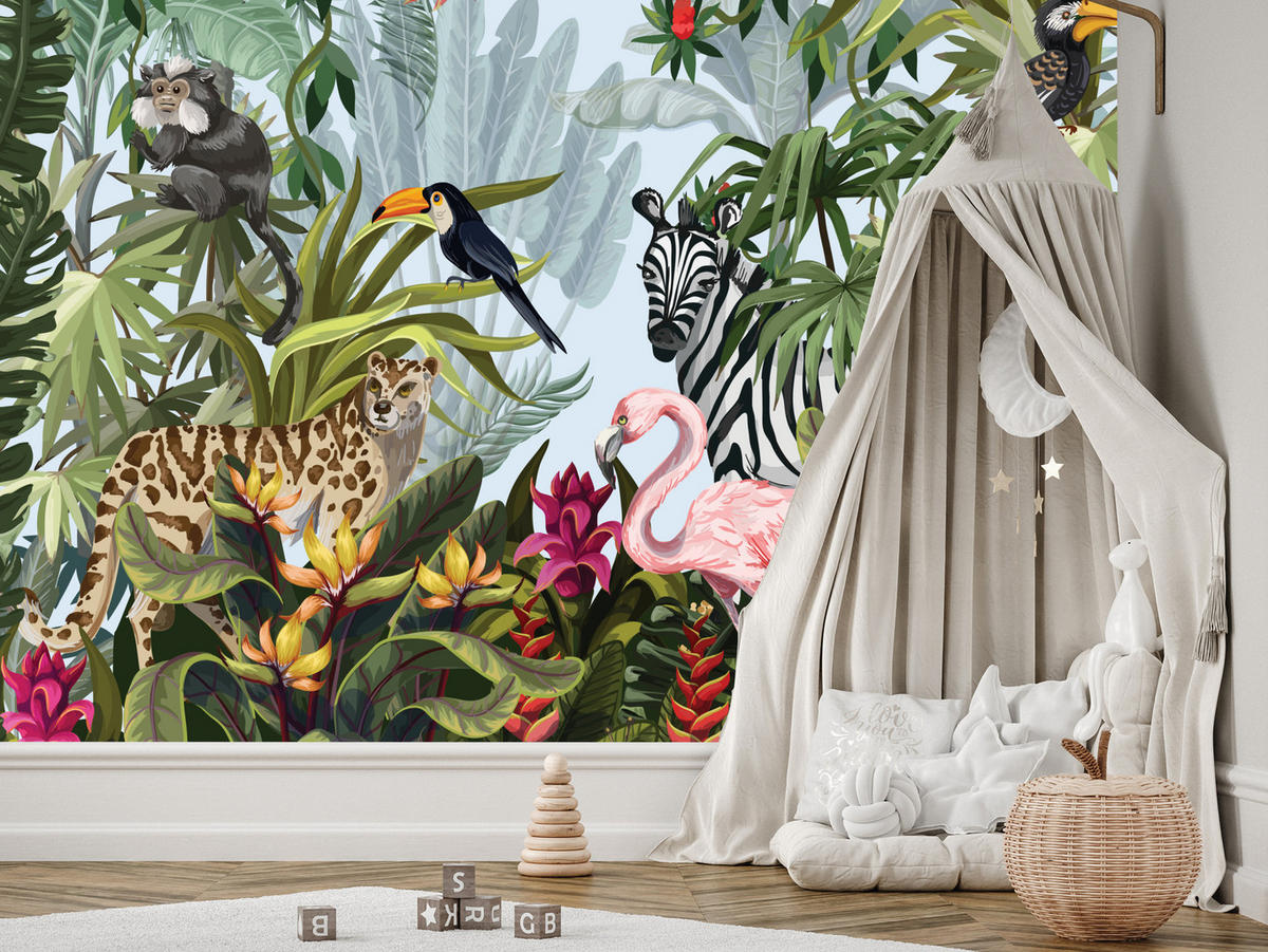 FOTOTAPETE für Kinderzimmer Tropische Pflanzen Tiere Flamingo Rippen 200x140 - Multicolor, Papier (200/140cm) - Muralo