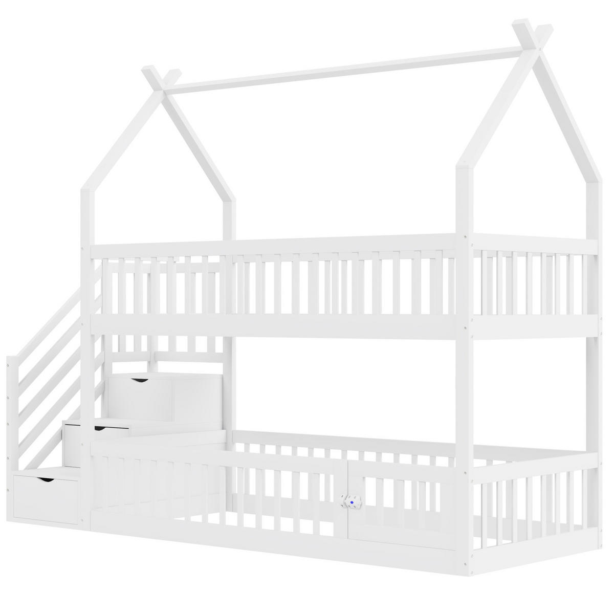 ETAGENBETT 90/200 cm mit Hausdach, Sicherheitstreppe und Schubladen, Weiß - Weiß, Holzwerkstoff (90/200cm) - Redom