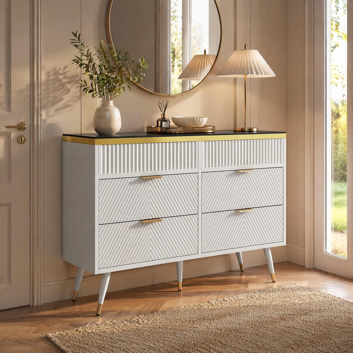 KOMMODE in Weiß Sideboard aus Bernstein Glas mit Schubladen für Wohnzimmer und Schlafzimmer, B120/T40/H76 cm - Weiß, Holzwerkstoff/Metall (120/76/40cm) - STILVORA