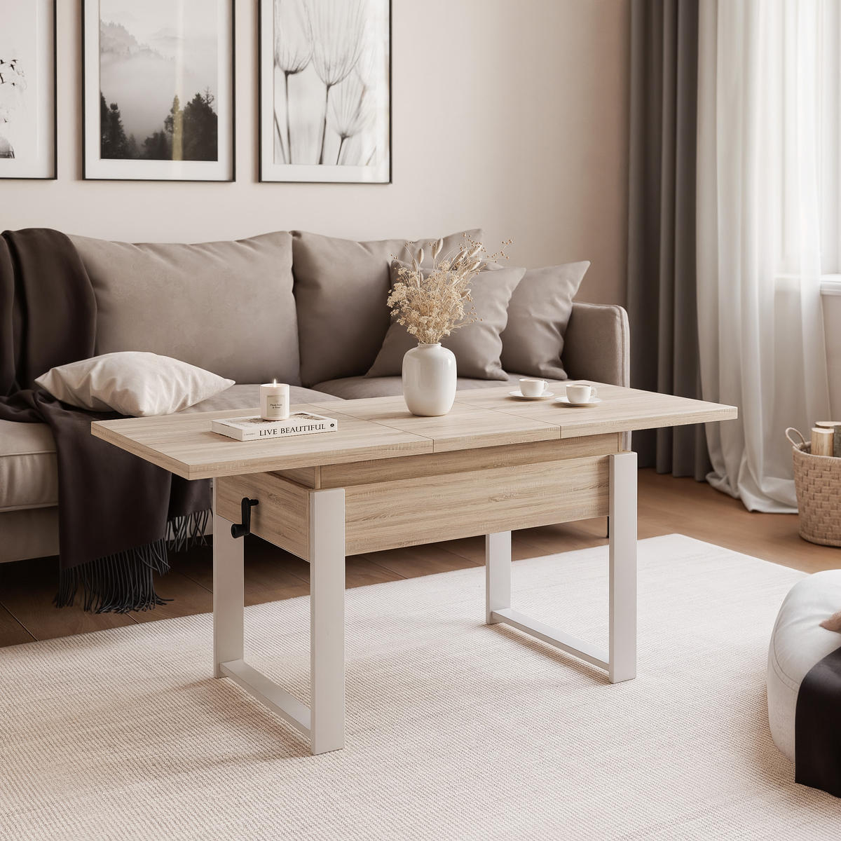 COUCHTISCH TIVOR Multifunktionalität 3-in-1 - Kaschmir/Sonoma Eiche, Holzwerkstoff/Metall (67/120/63.5cm) - Idohome