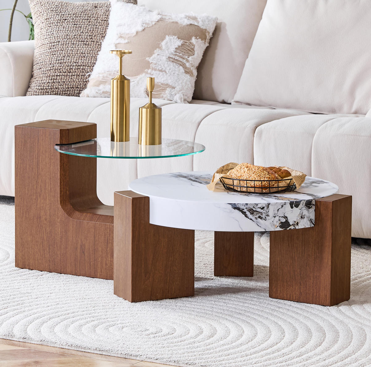 COUCHTISCH aus MDF und Glas 61x30 cm in Nussbaum mit 2-in-1 Design - Nussbaumfarben, Holzwerkstoff (61/61/30cm) - Modfu