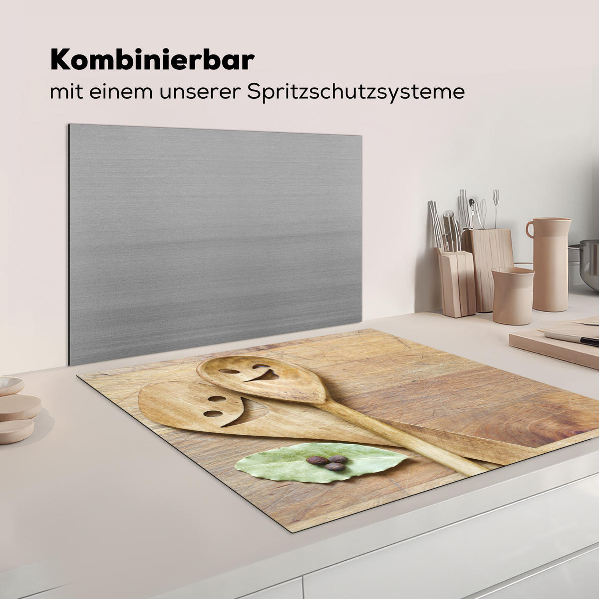 HERDABDECKPLATTE Holz - Löffel - Braun - Smiley Induktionsmatte 78x78 cm - Hellbraun, Kunststoff (78/78/0.2cm) - MuchoWow