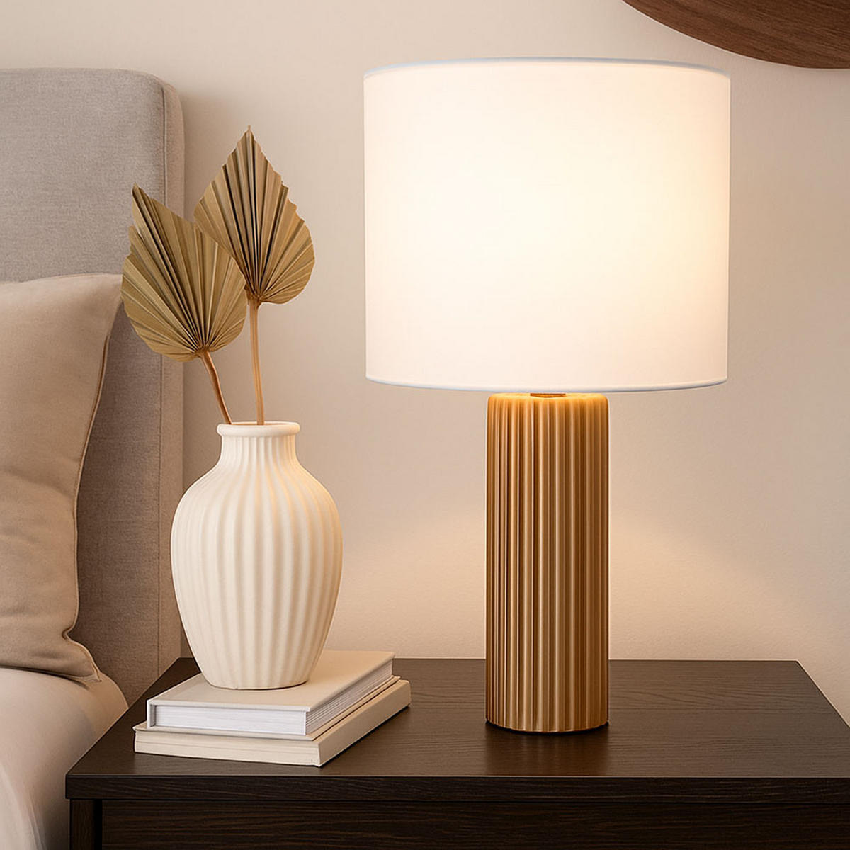 TISCHLEUCHTE Keramik Mokka Beige - Braun, Textil (28/28/51cm)