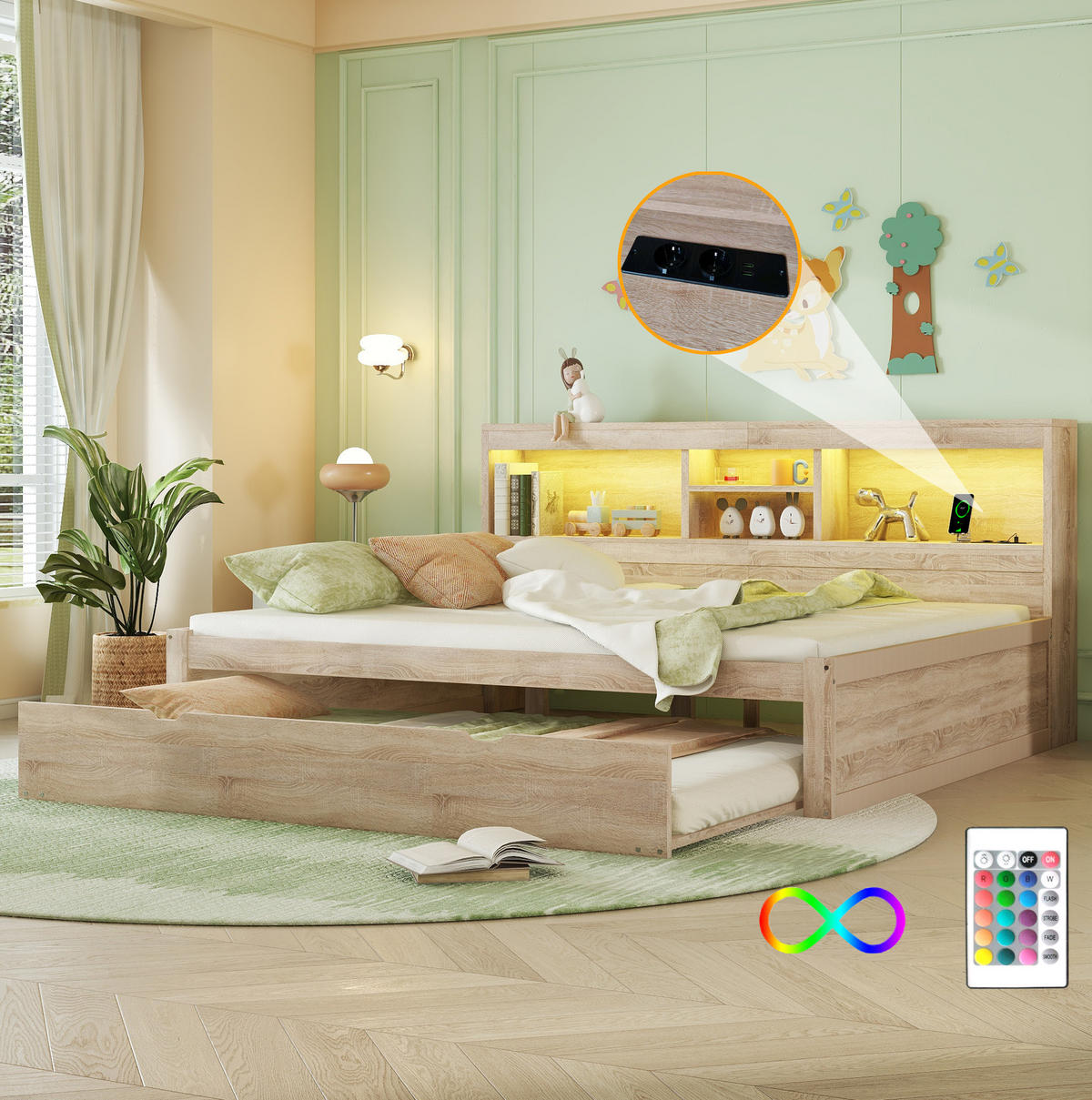 KREVET na razvlačenje 140/200 cm natur od iverice s LED rasvjetom, USB-om i spremištem - prirodne boje, drvni materijal (140/200cm) - OKWISH