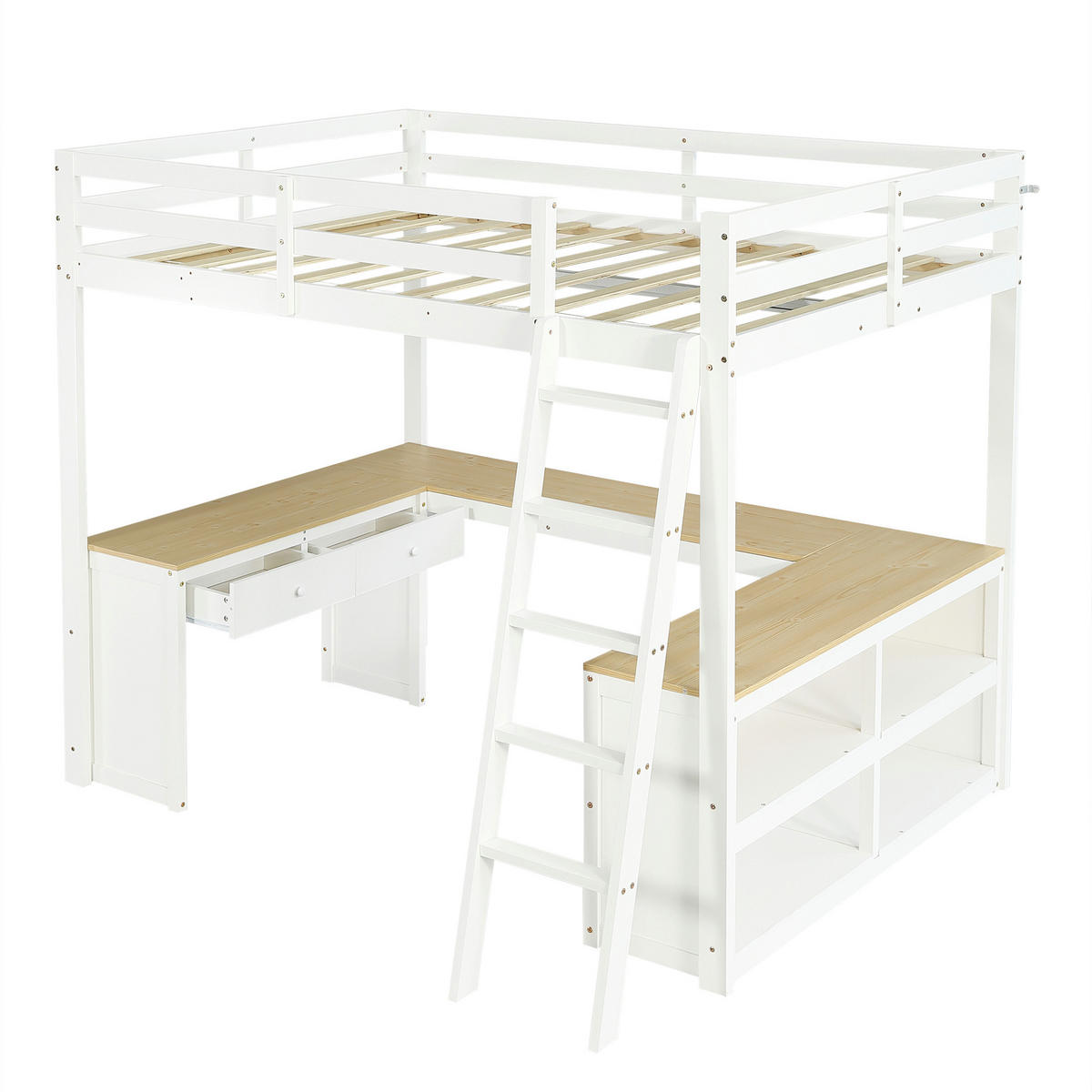 HOCHBETT 140/200 cm DE-02265, in Weiß/Natur, mit U-förmigem Langtisch und 2 Schubladen - Weiß/Naturfarben, Holz/Holzwerkstoff (140/200cm) - ComfortXL